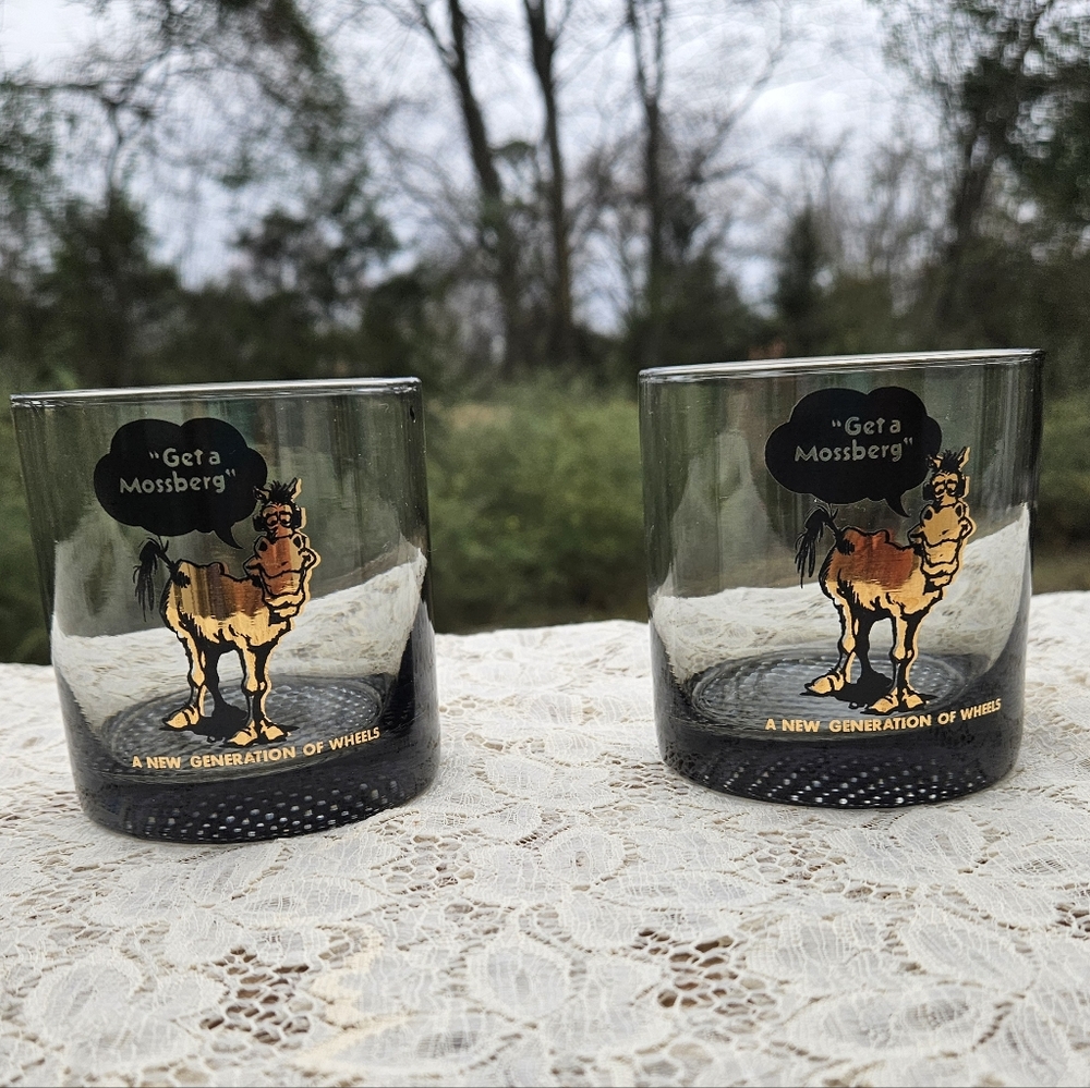Vintage Mossberg Bicycle Advetising Whiskey Glasses Glass Tumblers 1970s Fun